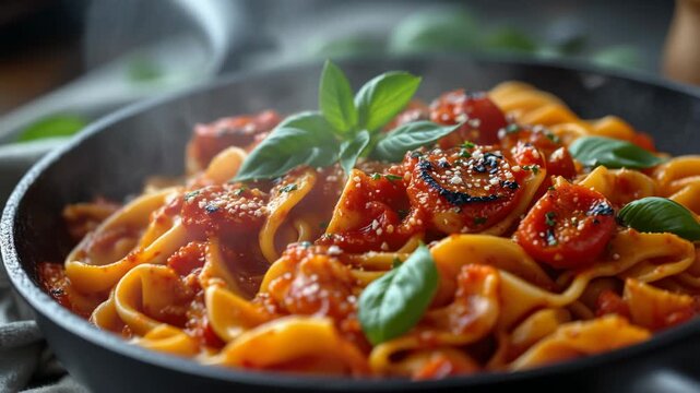 Rustic Italian pasta with charred tomato and fresh basil in a dark skillet vibrant cinematic 4K food video
