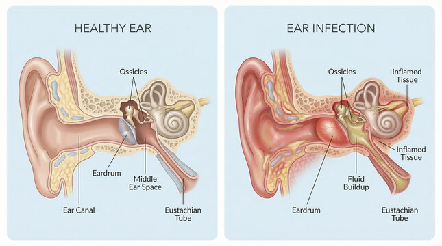 Ear Anatomy Comparison Healthy vs Infected Middle Ear
