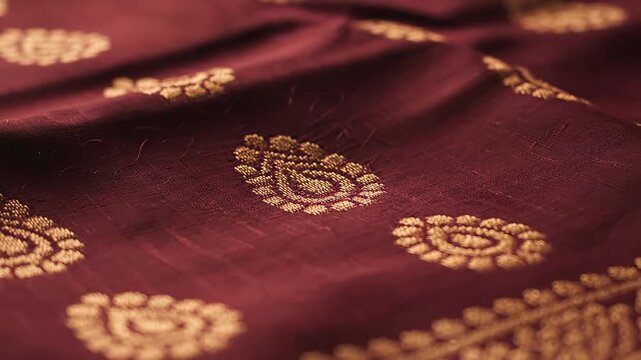 Close up of textured deep red silk fabric with intricate golden paisley pattern, flowing folds and soft light