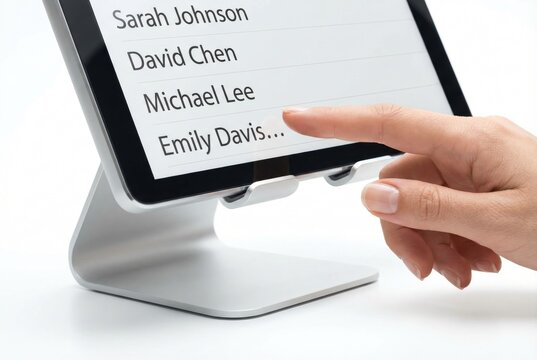 Finger pointing at a name list on a modern digital tablet screen on a desk