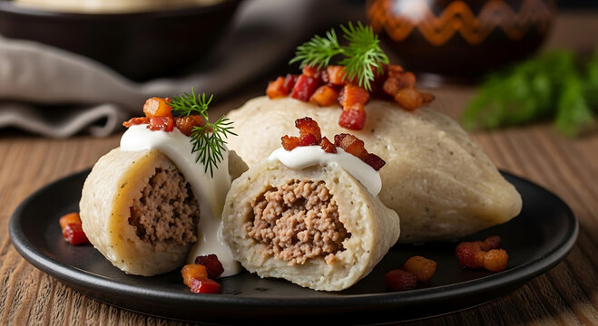 delicious traditional ukrainian dumplings with meat and sour cream on plate