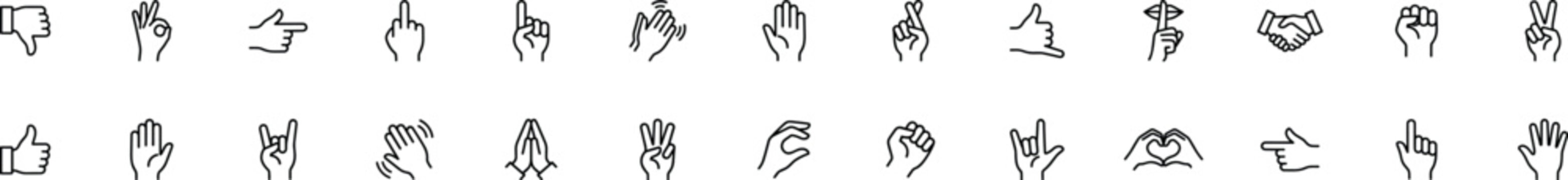 Hand gesture icons set, finger signs symbols with pointing thumbs peace victory ok handshake heart communication outline vector illustration isolated on transparent background