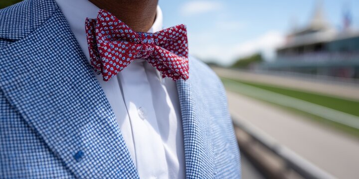 mens fashion photography, natural light highlights a stylish man in a blue seersucker suit, red bowtie, and derby attire, with a focus on fabric texture and a blurry track backdrop