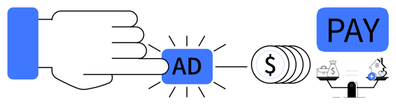 Pay per click advertising. Pay per click ed by hand pressing an ad button, payment process with coins, and balancing ROI. Pay per click relevant for marketing, online ads, finances, user engagement