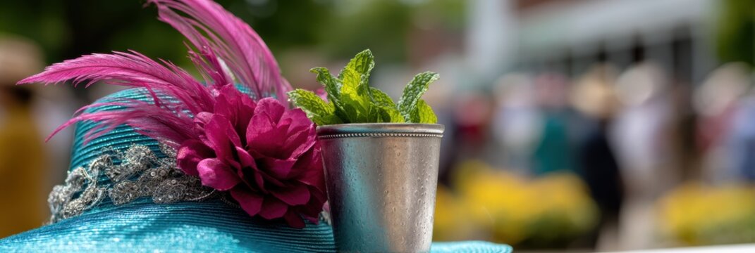 derby day fashion, elegant woman at the derby wearing a stylish fascinator and holding a mint julep, with a vibrant crowd in the background