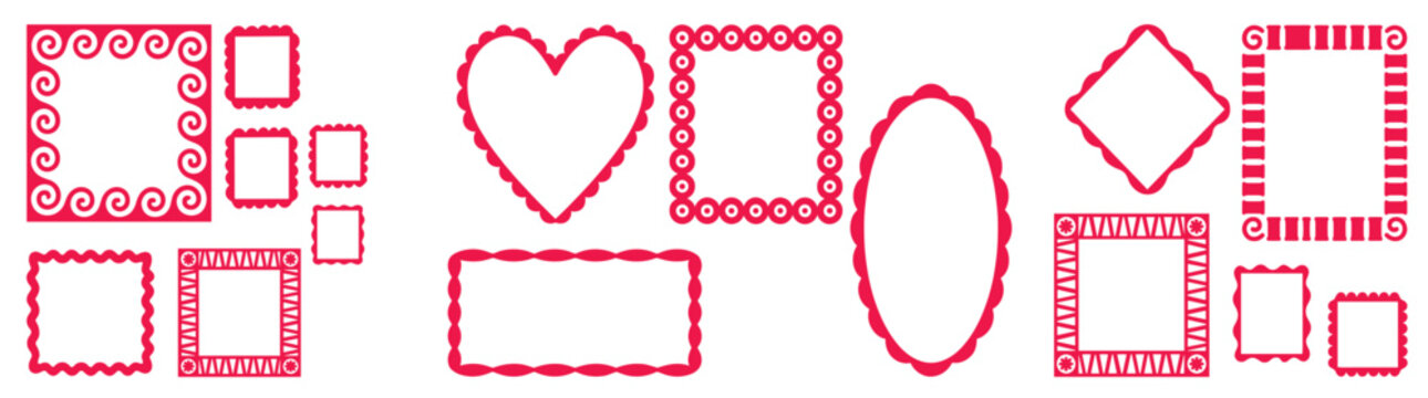 Versatile Collection of Decorative Pink Outline Frames and Borders in Various Shapes like Square, Heart, Oval, and Rectangle for Creative Design Elements, isolated on white