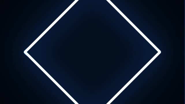 Blue neon square glowing frame with zoom effect on black background, futuristic techno style loop.