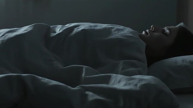 a person sleeping peacefully in bed with a dark background and a pillow under their head sleeping pe