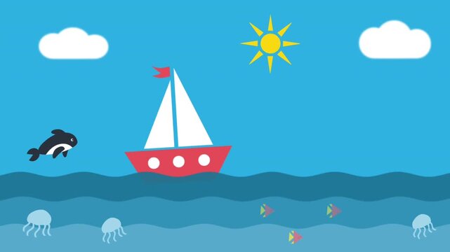 Children's Summer Animation. Toy Sailing Ship, Sun, Clouds, Sea, Waves Water, jellyfish, Dolphin, Fish. Video in Blue, Red, White, Yellow