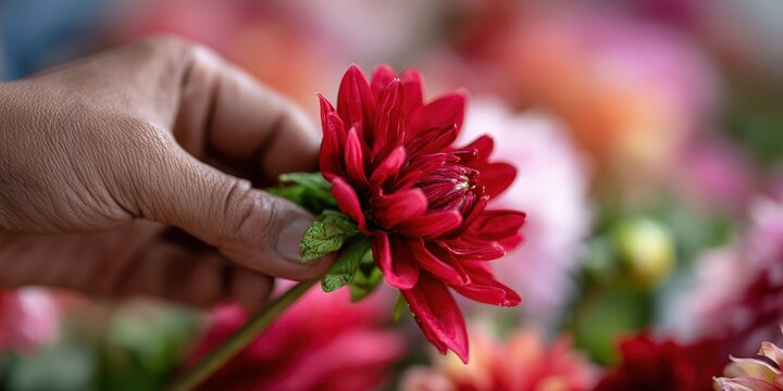 flower parade preparation, a volunteer carefully arranging a red dahlia on a float surrounded by colorful dahlia crates