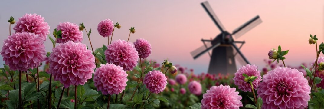 retro flower festival web banner, an old-school web banner for the bloemen corso flower festival with a panoramic view of zundert windmill at dawn and vintage western filigree