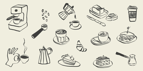Coffee and brunch doodle icons for cafe menu design. Italian breakfast sketch with croissant, espresso cup and fresh pastries in retro line art style. Chalk vector illustration © Olga Rai