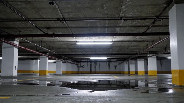 Empty underground parking garage with concrete columns and fluorescent lights. Dark damp basement level with water puddle