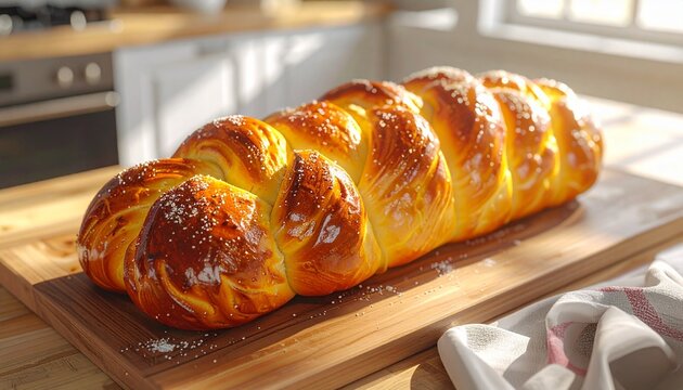 Freshly baked golden braided challah bread on a wooden board in a sunlit kitchen.