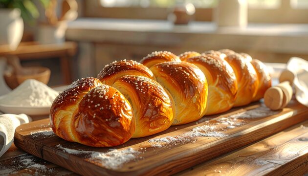 Freshly baked golden braided challah bread on a wooden board.