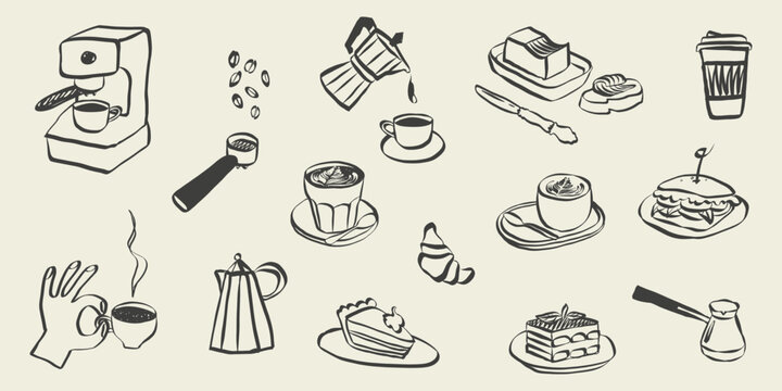 Coffee and brunch doodle icons for cafe menu design. Italian breakfast sketch with croissant, espresso cup and fresh pastries in retro line art style. Chalk vector illustration