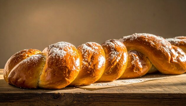 Freshly baked golden brown braided challah bread on a rustic wooden table.