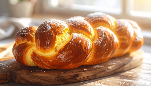 Freshly baked golden Challah bread loaf on a rustic wooden board in the sunlight.