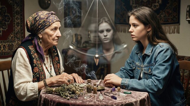 Old woman hypnotist holding pendulum over young woman. Mental manipulation and trance induction concept. Mysterious ritual setting with incense smoke and psychic healing session atmosphere.