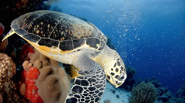 A majestic sea turtle gracefully swims through a vibrant coral reef ecosystem showcasing the beauty and fragility of marine life in its natural underwater habitat