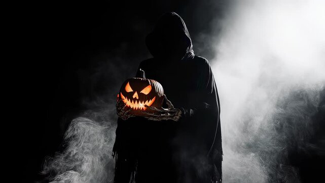 Grim reaper holding glowing jack-o-lantern in dark smoke. Man in costume with skeleton hand presenting carved pumpkin