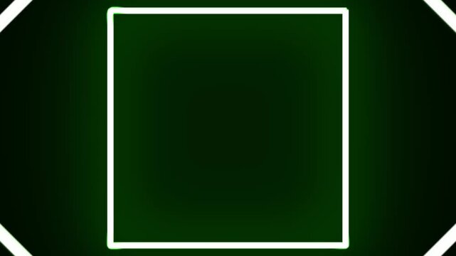 Abstract neon green glowing square tunnel background with geometric pulsing shapes and seamless loop.