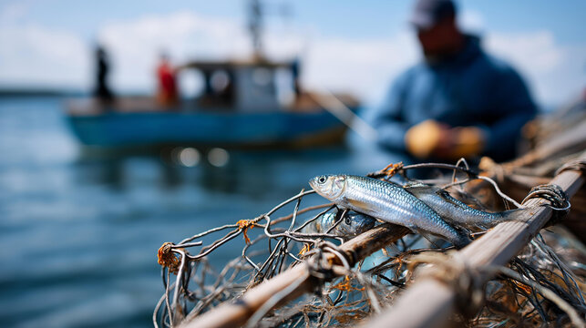 Close-up of small silver fish tangled in fishing nets with a blurred faceless fisherman and old wooden boat visible in background. Defocused trawler background. Fish close-up,
