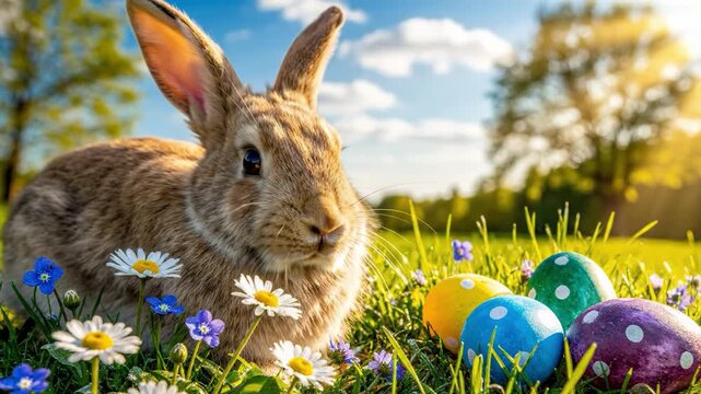 Adorable brown rabbit with colorful easter eggs in a sunny spring meadow