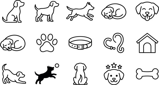 Dog and pet outline icons set, puppy canine paw collar leash kennel bone play sleep run companion vector illustration isolated on transparent background