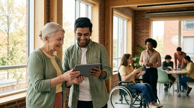 a man and woman looking at a tablet