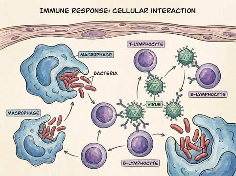 Cellular Interaction During Immune Response Macrophage and Lymphocyte Involvement Against Bacteria and Viruses