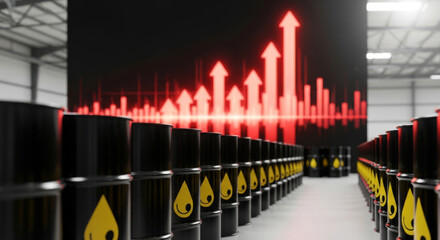 Fototapeta premium Striking Image of Oil Barrels Arranged in Rows, Featuring Upward Trend Arrows on a Digital Screen, Symbolizing Market Growth Perfect For A Design Background Concept