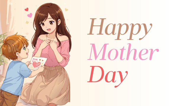 Child Giving Greeting Card to Mother Mothers Day Illustration