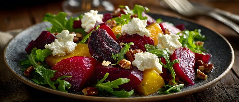 Fresh roasted beet salad with creamy goat cheese crumbles and toasted walnuts served on a dark rustic ceramic plate with vibrant arugula greens and warm moody lighting