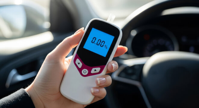 Hand Holding a Breathalyzer Displaying 0.00% Bac Inside a Vehicle, Indicating Sobriety and Responsible Driving Showcasing An Urban Architecture And City Concept