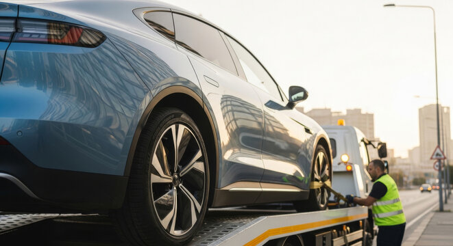 Blue Electric Vehicle Being Loaded Onto a Tow Truck at Sunset, with a Male Roadside Assistance Worker in a Reflective Vest Showcasing An Urban Architecture And City Concept