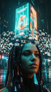 Woman influenced by digital mind control and hypnosis in city. Cybernetic subconscious programming and virtual information overload. Futuristic social media manipulation and data zombification.