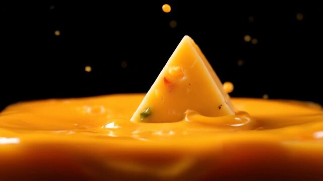 A triangular piece of cheese with peppers and spices drops into a pool of melted cheese sauce creating a splash against a black background