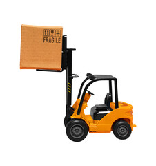 Toy forklift lifting box isolated PNG, warehouse and logistics concept for cargo handling on transparent background © Iryna