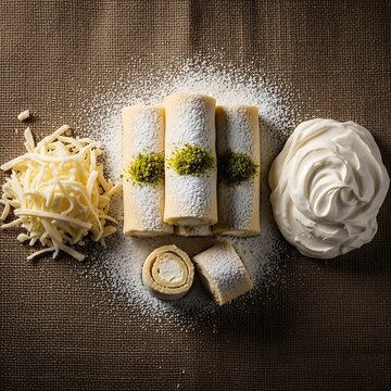 Sweet cheese rolls dusted with powdered sugar and pistachio, served with shredded cheese and a swirl of clotted cream.