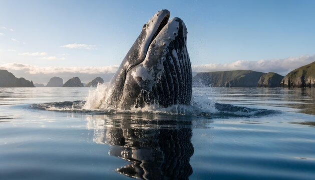 Whale breaching ocean freedom power nature calm cliffs reflection life strength serenity rare wildlife moment marine beauty coastal harmony tranquility balance awe inspiration
