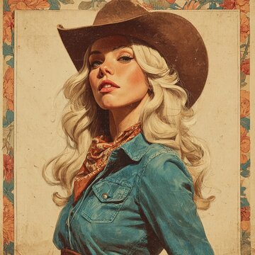 A cowgirl illustration that is features blonde curly hair, a brown cowboy hat, a denim shirt, a red bandana, a floral border, a retro poster aesthetic, and an oil painting.