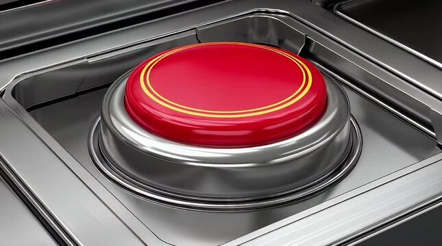 Bold red button with gold trim set within a metallic panel symbolizing action decision-making and immediate response in a modern technological context