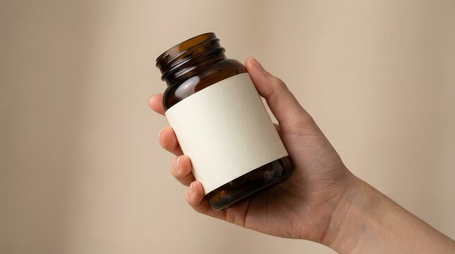 Hand holding a blank label supplement bottle mockup