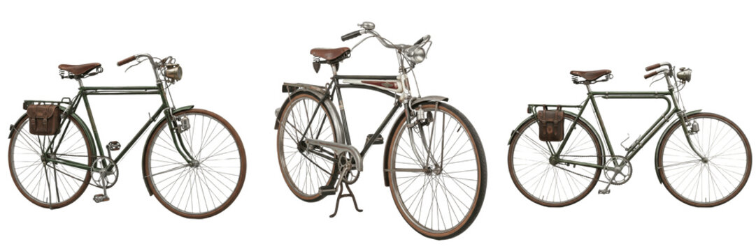 Set of Vintage Classic Bicycles with Leather Bags Isolated on White Background