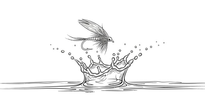 Detailed monochromatic illustration of a delicate fishing fly hovering above an energetic water