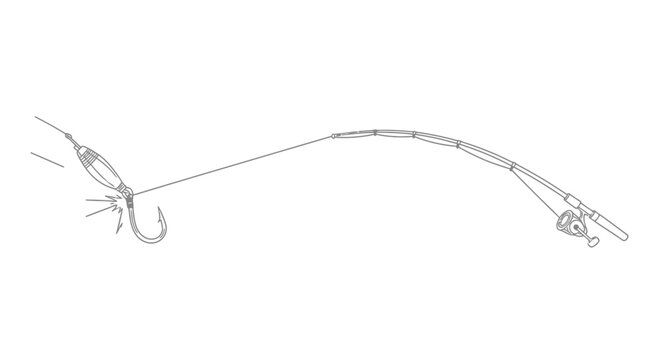 Minimalist line art illustration of a complete fishing rod setup with a hook and line