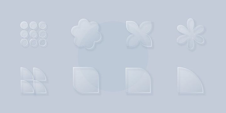 Abstract y2k geometric shapes set. Glassmorphism design elements. Various vector figures, with transparent glass effect