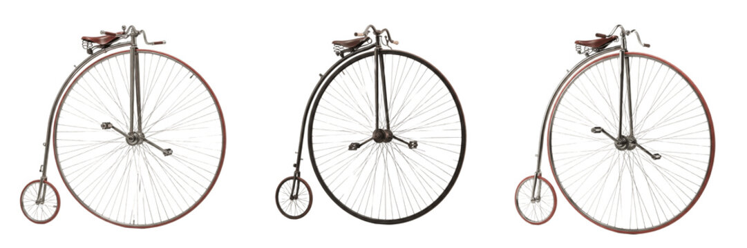 Set of vintage penny farthing bicycles isolated on white background, 3D rendering of classic high wheeler antique cycles from various angles.