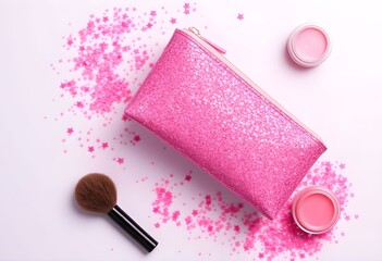Naklejka premium Pink glitter makeup bag with scattered powder and brush on white surface